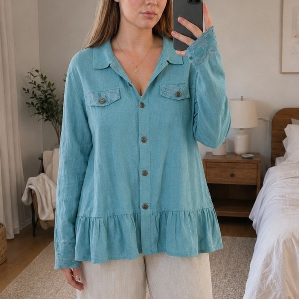 Womens Linen Lace Button Down Shirt L/XL Blue Peplum Boho Coastal Lagenlook
